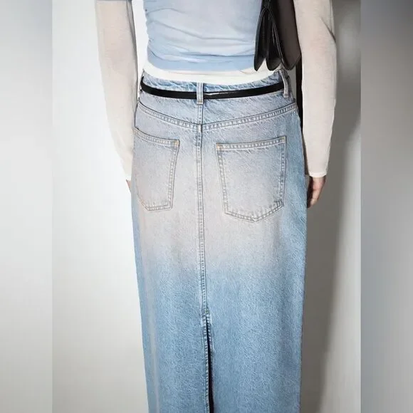 ZARA Z1975 PINK WASHED SLIT DENIM SKIRT - Picture 9 of 13